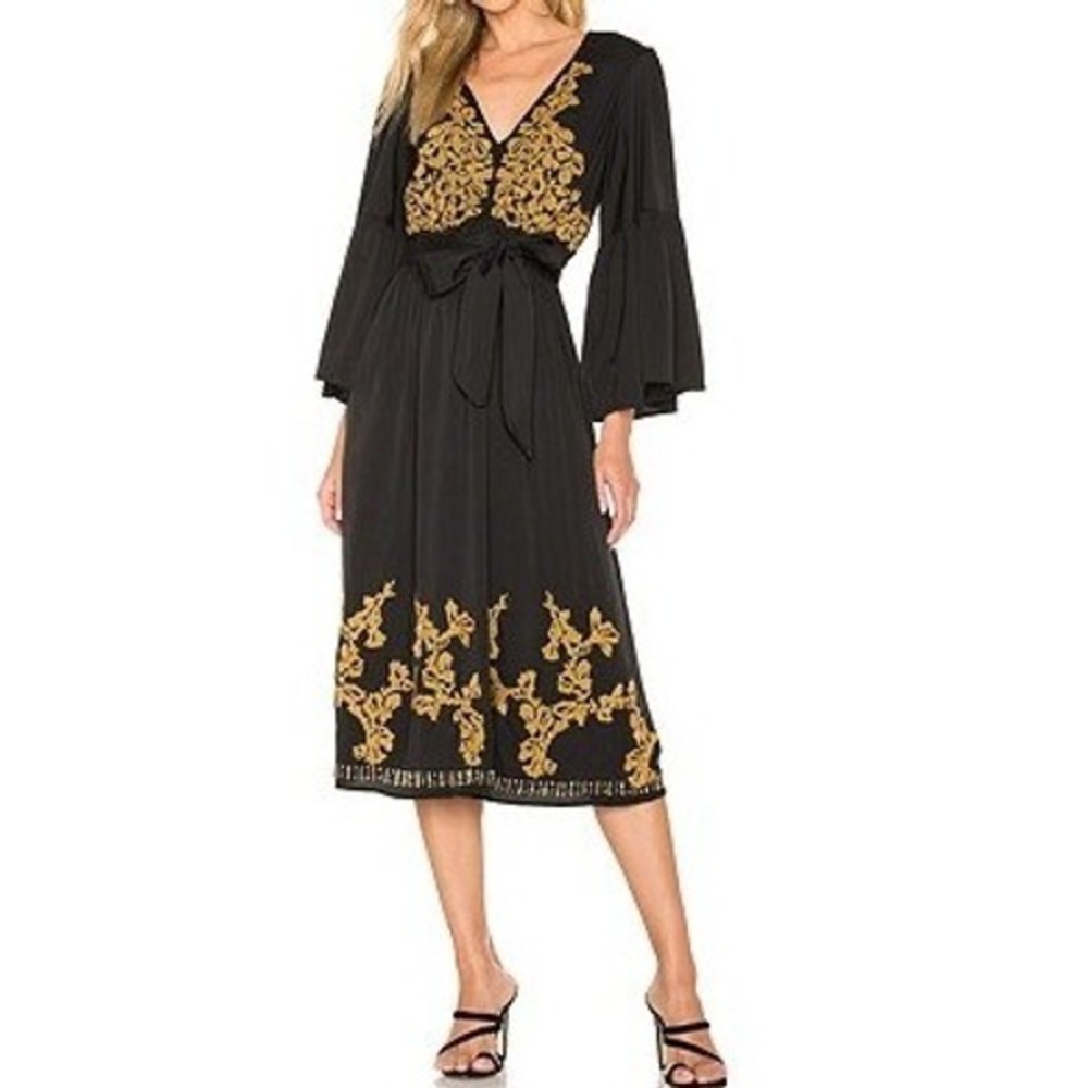 Tularosa Size XXS Victoria Dress Black Gold Embroidered Beaded Bell Sleeve Women